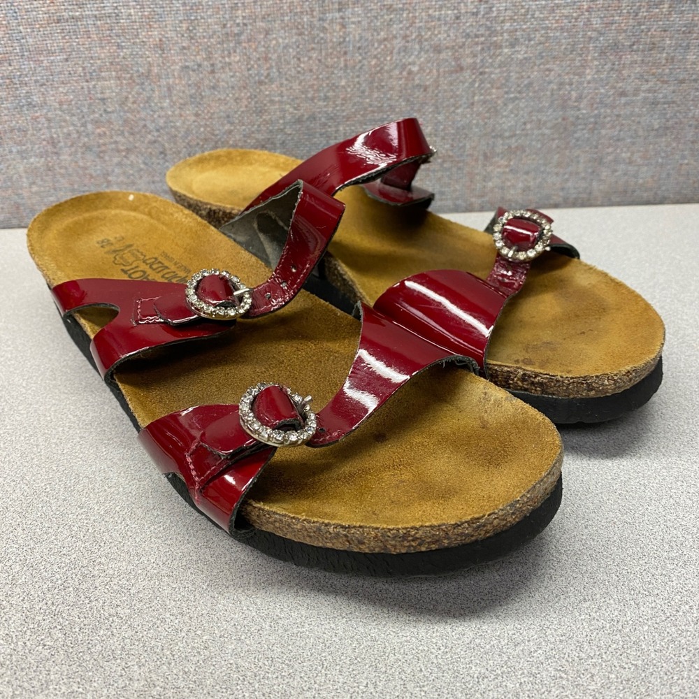 NAOT Red Patent Leather Rhinestone Buckle Footbed Sandals Women Size 38 FLAWED